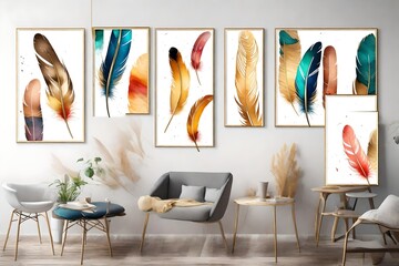 colorful feathers artwork watercolor art design. Modern wall poster abstract golden lines art decorative painting decoration