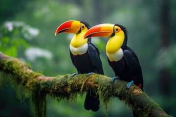 Obraz premium Two toucans sitting on a branch in the rainforest, toucan tropical bird sitting on a tree branch in natural wildlife environment, Ai generated