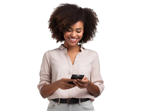 Happy African American young woman using cell phone, cut out
