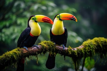 Fototapeta premium Two toucans sitting on a branch in the rainforest, toucan tropical bird sitting on a tree branch in natural wildlife environment, Ai generated