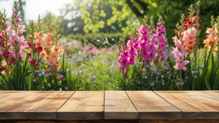 Empty wooden table over blooming gladioli garden background. Summer mock up.