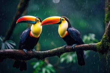 Two toucans sitting on a branch in the rainforest, toucan tropical bird sitting on a tree branch in natural wildlife environment, Ai generated