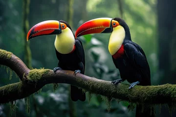 Rolgordijnen Two toucans sitting on a branch in the rainforest, toucan tropical bird sitting on a tree branch in natural wildlife environment, Ai generated © Tanu