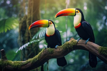 Two toucans sitting on a branch in the rainforest, toucan tropical bird sitting on a tree branch in natural wildlife environment, Ai generated
