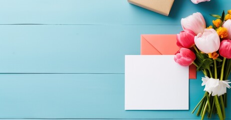 Elegant blank greeting card on a table with flowers for Valentine's, Birthday, Women's, or Mother's Day