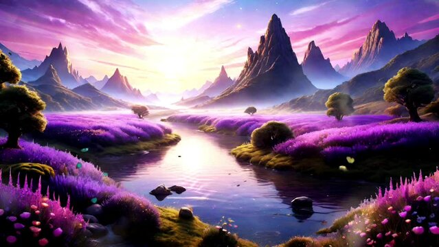Digital painting of mountain landscape with river and purple flowers illustration
