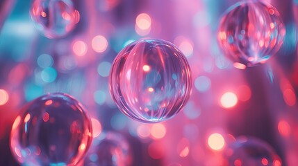 Abstract glass balls in the air with neon lighting - obrazy, fototapety, plakaty