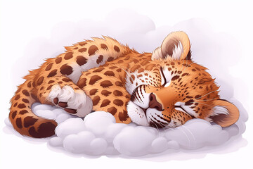 stail cartoon leopard sleeping in the clouds
