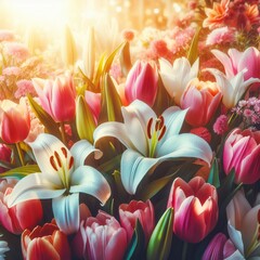 Close-up of a blooming spring garden with Easter lilies and tulips Renewal and beauty Creates a vibrant atmosphere for Easter-themed designs 