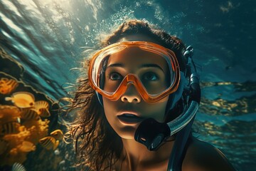 Young woman wearing snorkeling gear underwater, Underwater background of a woman snorkeling and doing freediving, Ai generated