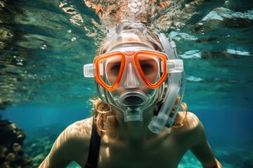 Obraz na płótnie Canvas Young woman wearing snorkeling gear underwater, Underwater background of a woman snorkeling and doing freediving, Ai generated
