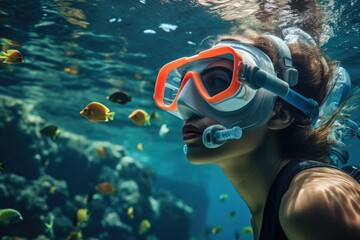 Young woman wearing snorkeling gear underwater, Underwater background of a woman snorkeling and doing freediving, Ai generated