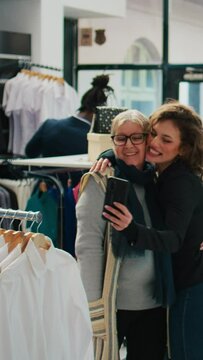 Vertical Video Senior woman and her daughter take photos in department store, enjoying day off shopping for clothes. Smiling customers have fun with selfies in a fashion showroom, commercial activity