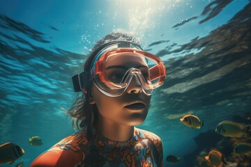 Young woman wearing snorkeling gear underwater, Underwater background of a woman snorkeling and doing freediving, Ai generated - obrazy, fototapety, plakaty