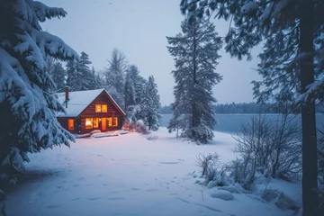 Fotobehang Cozy cabin lit up on snowy winter evening. Winter comfort and retreat. © Postproduction