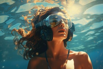 Young woman wearing snorkeling gear underwater, Underwater background of a woman snorkeling and doing freediving, Ai generated