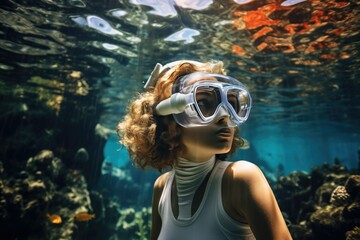 Young woman wearing snorkeling gear underwater, Underwater background of a woman snorkeling and doing freediving, Ai generated