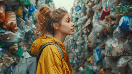 A young woman in a yellow jacket gazes thoughtfully at a large pile of discarded plastic, highlighting environmental concerns.