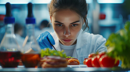 Intense focus from a food scientist meticulously analyzing a meat sample in a laboratory setting, surrounded by scientific equipment and fresh produce.