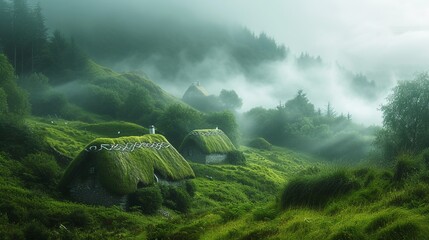 Enchanting Landscapes: Exploring the Emerald Isles, Misty Lands, and Rolling Hills with Thatched Roofs - obrazy, fototapety, plakaty