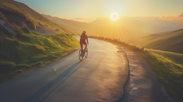 Cyclist Pedaling on a Scenic Mountain Road, Breathtaking Sunset Ride, Adventure Cycling, Serene Outdoor Sports, Active Lifestyle in Beautiful Landscape, Golden Hour Bike Tour