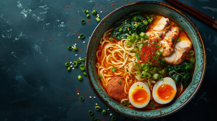 An appetizing traditional ramen bowl, featuring soft-boiled eggs, sliced chicken, and noodles in a rich broth, garnished with green onions and spices.