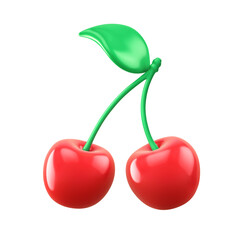 Two cherries with leaf isolated on white. Emoji icon. Clipping path included