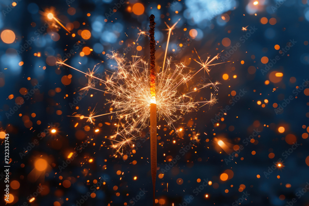 Poster sparkling sparklers and bokeh lights extreme closeup. generative ai