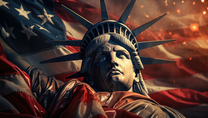 USA Independence Day Concept. Statue of Liberty in front of American Flag extreme closeup.