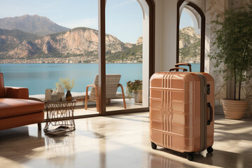Travel Concept. Modern Fashion Suitcase in Hotel Room extreme closeup. Generatie AI