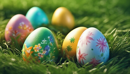 Fototapeta na wymiar Nature's Palette: Easter Eggs Nestled in Greenery