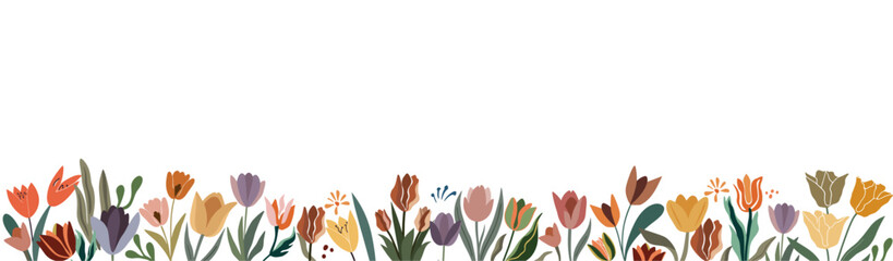 Horizontal banner, seamless border with gorgeous multicolored blooming tulip flowers and leaves. Spring botanical flat vector illustration isolated on transparent background.