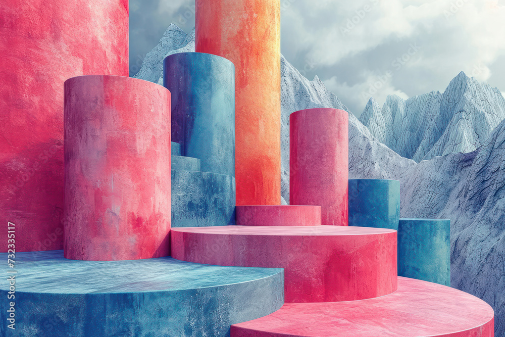 Aufkleber multicolored abstract interior of a room with walls, stairs and openings in the form of geometric sh
