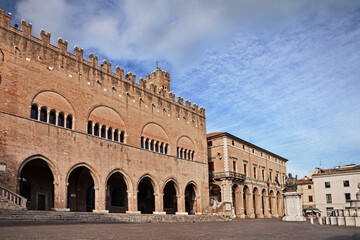 Rimini, Emilia Romagna, Italy. The ancient Cavour square with the city hall in the old town of the city on the Adriatic sea coast - 732335164