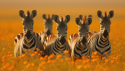 A Herd of Zebras Moving Together in a Grassy Field extreme closeup. Generative AI - obrazy, fototapety, plakaty