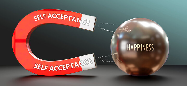 Self Acceptance attracts Happiness. A metaphor showing self acceptance as a big magnet attracting happiness. Analogy to demonstrate the importance and strength of self acceptance. 3d illustration