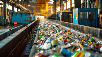 Obraz premium Conveyor Belt Overflowing With Waste at Garbage Processing Plant