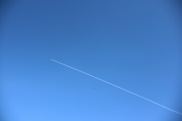 airplane and smoke in the blue sky