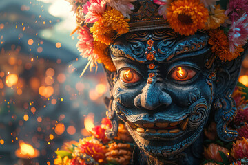 Ogoh-Ogoh Demon Statue Idol Made for Ngrupuk Parade Conducted on the Eve of Nyepi Day extreme closeup. Generative AI