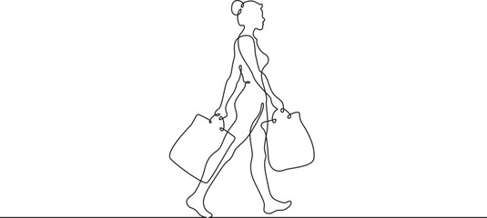 Woman goes shopping. Girl with packages. Sale.One continuous line . Line art. Minimal single line.White background. One line drawing.