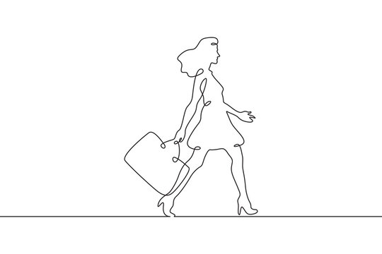 Woman goes shopping. Girl with packages. Sale.One continuous line . Line art. Minimal single line.White background. One line drawing.