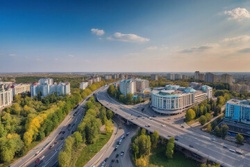 Obraz premium aerial drone photo shows the downtown panorama of Chisinau, showing several buildings and roads