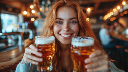Group of People Toasting a Beer with Glasses in Pub extreme closeup. Generative AI