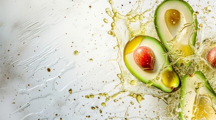 Halved avocados with pits splashed in oil against a light surface, avocado oil, healthy food concept - obrazy, fototapety, plakaty