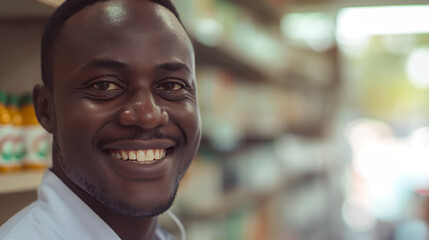 Smiling african american male pharmacist doctor in retail store