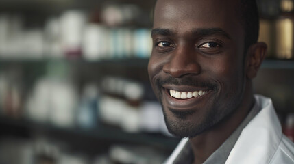 Smiling african american male pharmacist doctor in retail store