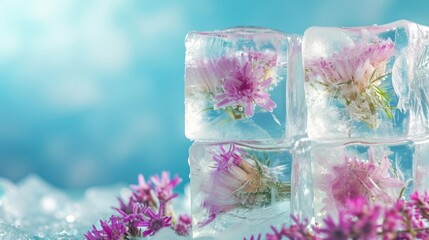 Floral ice cubes on a blue bokeh background with scattered flowers.