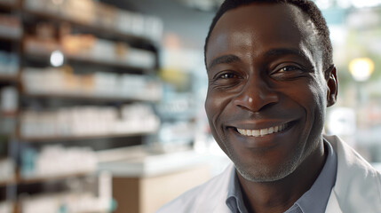 Smiling african american male pharmacist doctor in retail store