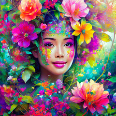 A Beautiful Woman Enveloped in Vivid Blossoming Flowers