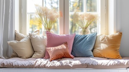 Spring's sorbet-toned pillows decorating a sun-kissed nook by the window - obrazy, fototapety, plakaty